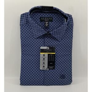Alfani Men's 14-14.5 32/33 Alfatech Dress Shirt Slim Fit Blue Geo Print NEW